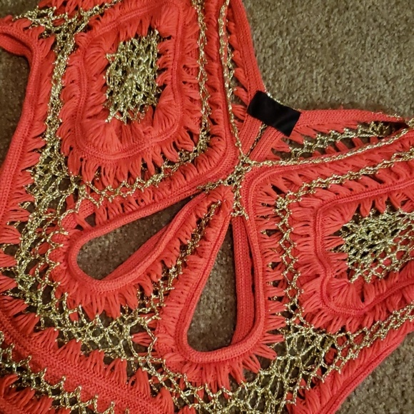 Orange/Gold Crocet Cutout Swim Coverup - Picture 2 of 3